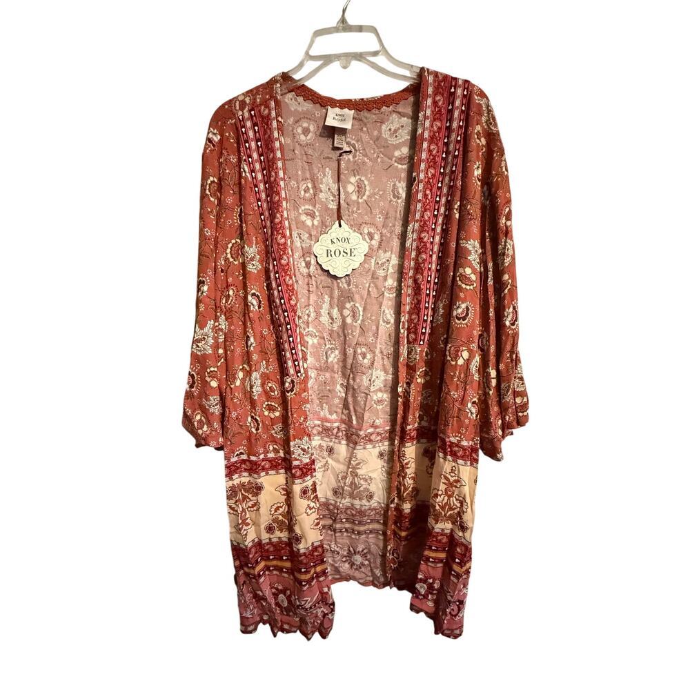 Knox Rose Boho Kimono Duster XL XXL NWT Rust Floral Lightweight Open Front - Picture 2 of 9
